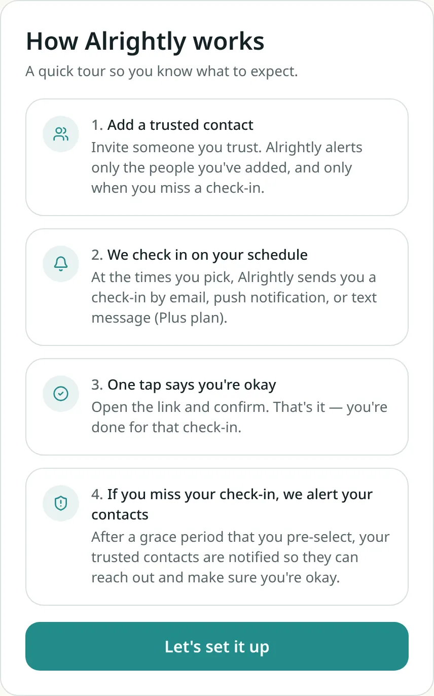 Alrightly setup screen explaining the four steps: add a trusted contact, pick your check-in times, tap once to say you're okay, and your contacts are alerted if you miss one.