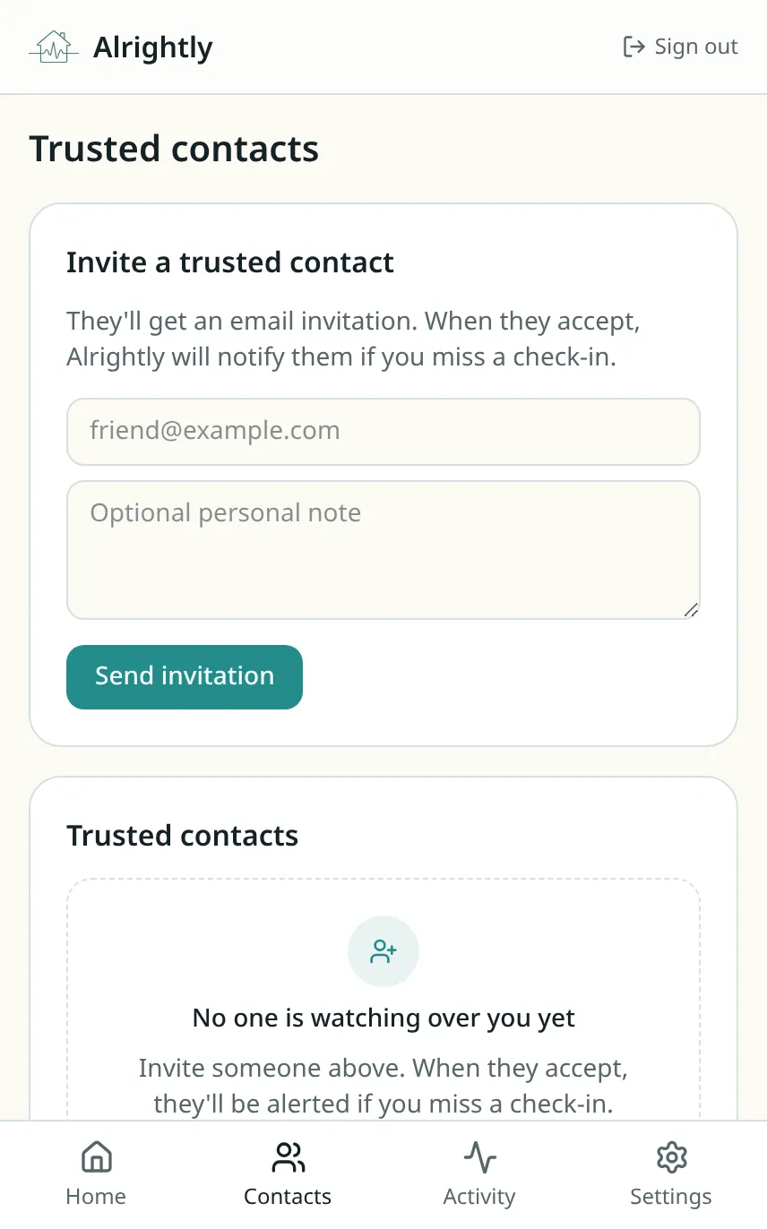 Alrightly trusted contacts screen with an email field, an optional personal note, and a Send invitation button.